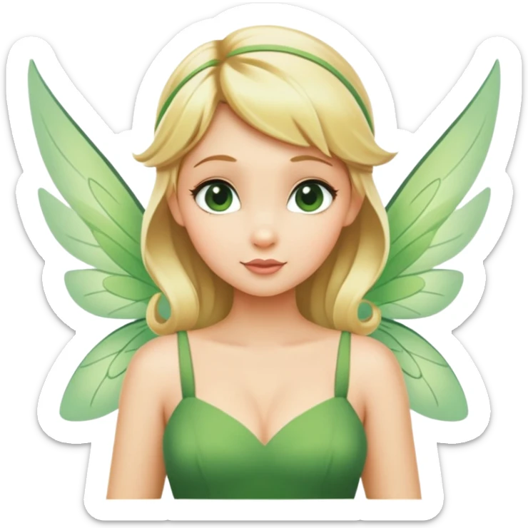Tinkerbell fairy from hips up, green dress, blonde hair, wings, minimal style, larger size sticker