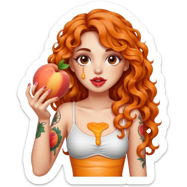 full body woman long curly brown hair brown eyes white skin tattoos holding sliced peach near lips, juice dripping on fingers, playful look sticker