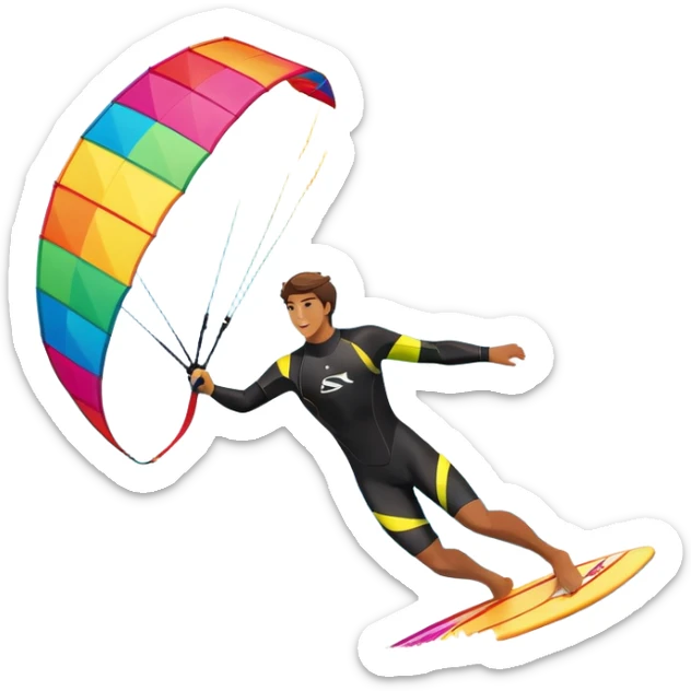 A kite surfer gliding across the ocean, with a colorful kite soaring high in the sky and the surfer carving through the waves. The scene captures the energy and freedom of the sport, with the sun shining and the ocean's waves splashing around. sticker