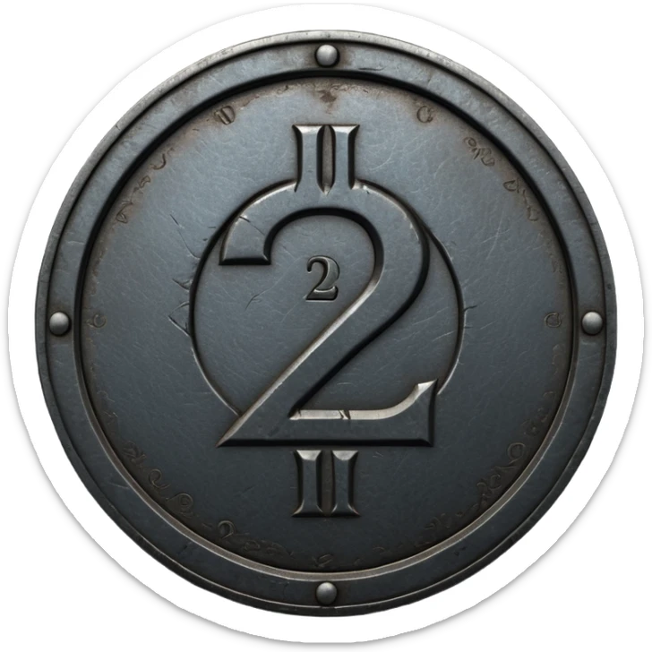Minimal emoji, gothic metal coin made of black steel, engraved number 2 at the center, ancient industrial aesthetic, worn metal texture, no glow, no neon, flat emoji design, centered, transparent background sticker