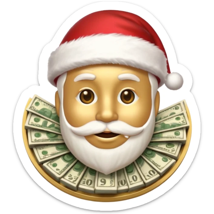 A confident rich emoji face wearing a Santa hat, money stacks, casino vibe, New Year theme, premium 3D emoji style, sharp details, no text, isolated on transparent background sticker
