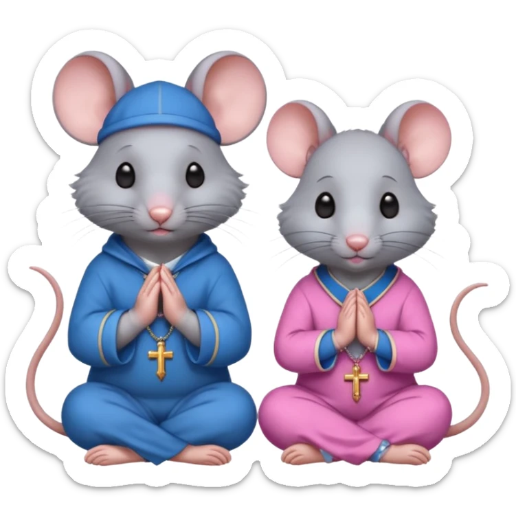 A male rat wearing blue and a female rat wearing pink sitting together praying the holy rosary with a rosary each sticker