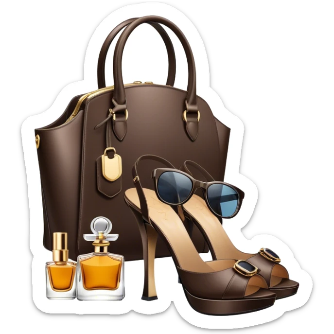 A photorealistic icon featuring stylish fashion accessories like high heels, a designer handbag, sunglasses, and a perfume bottle, arranged elegantly. Soft, luxurious colors with detailed textures and lighting that convey beauty and style. Transparent background, symbolizing fashion and beauty. sticker