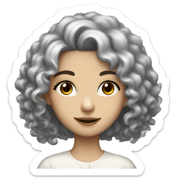 Lady with white skin and long curly big black hair and brown eyes and pretty sticker
