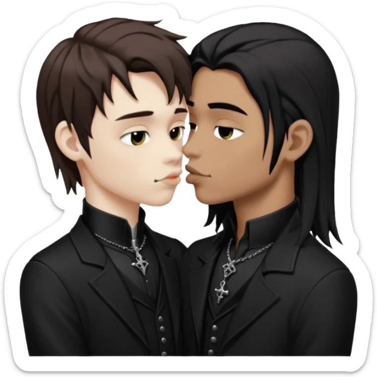 Goth Boys, one goth boy pale with brown hair the other a goth boy tan with long black hair, kissing sticker