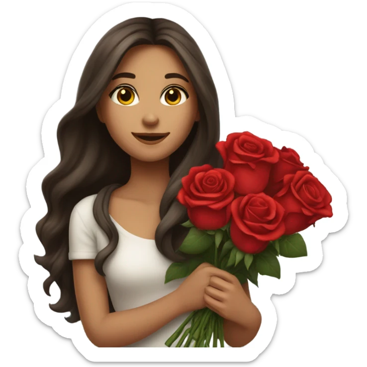 girl with beautiful long hair brunette in her hands a huge bouquet of red roses sticker