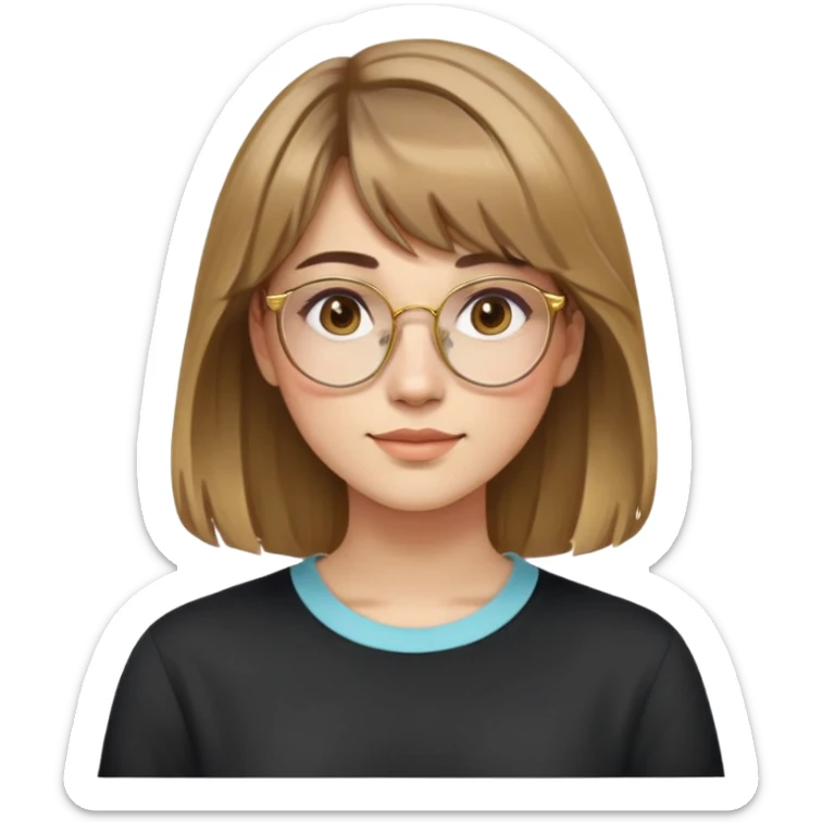 young adult woman with light skin, friendly and serene expression, round face with prominent cheeks, light brown hair with golden highlights, voluminous and straight with slight waves, long bangs over eyebrows, large octagonal glasses with thin golden or light pink frame, casual dark shirt sticker