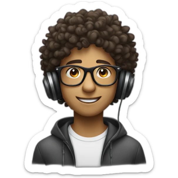 a boy with curly hair and glasses enjoying the music he is listening to sticker