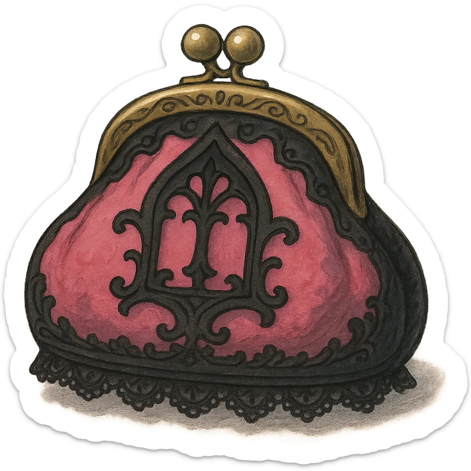 pink and black gothic coin purse, ornate details, lace, elegant, whimsical, soft lighting sticker