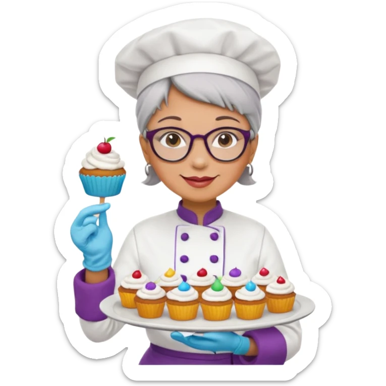 Older female pastry chef – round glasses, oven mitts on, holding a tray of cupcakes

 sticker