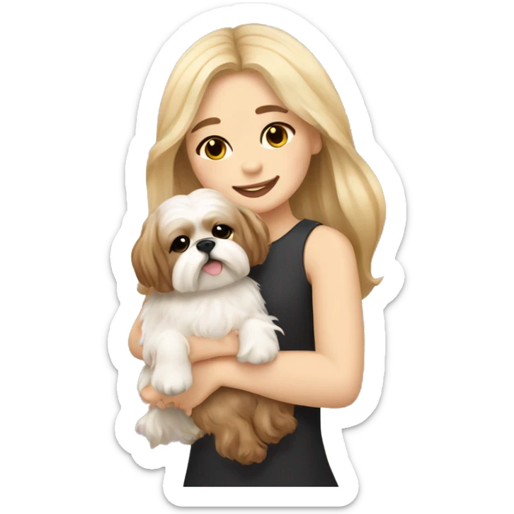 human girl with long wavy brown hair hugging a blonde cream colored shih tzu girl with bow sticker
