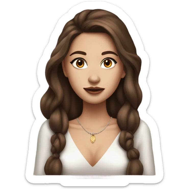 rich girl with white skin, long brown hair, dark eyes, with makeup, with wine sticker