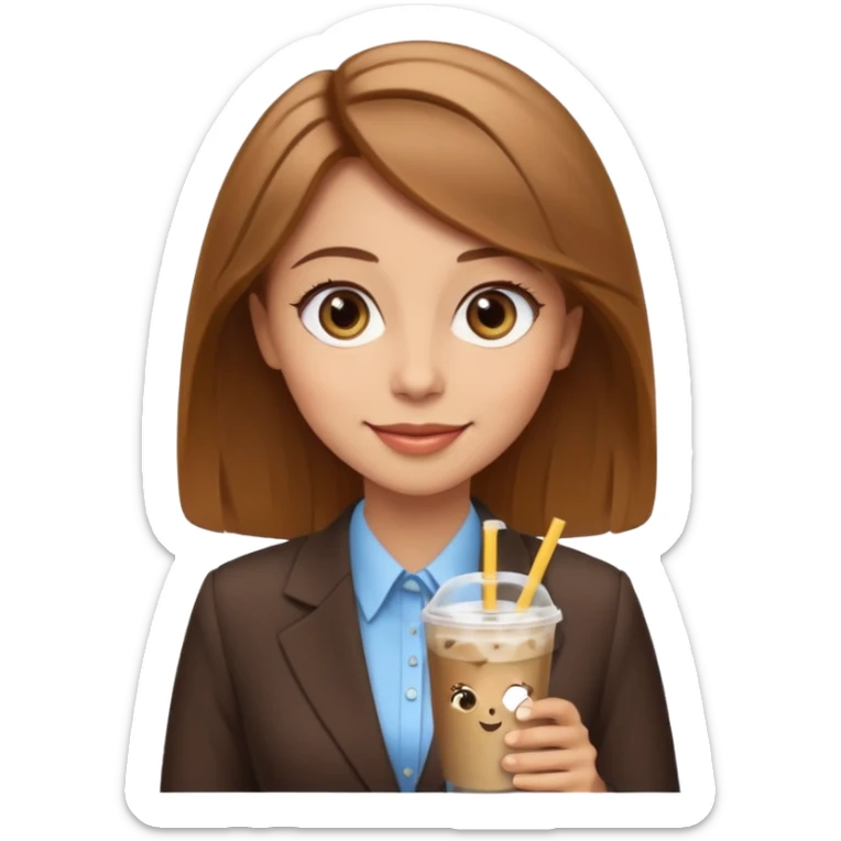 Women in front of laptop with a happy face, light brown hair, light brown big eyes, light skin with a iced coffee on the side, business attire sticker