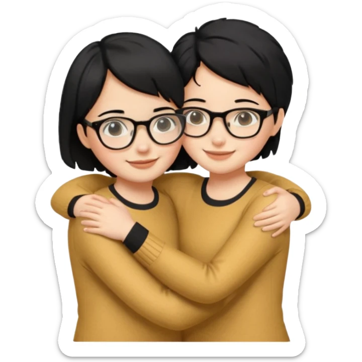 a gif of two wheat skinned girls with black hair, one with glasses hugging each other. the one with glasses is on the left and her right arm is around the one on the right. the right girl has short hair sticker