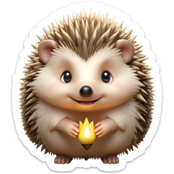 Cinematic Adorably Cute Hedgehog Portrait Emoji, Poised with a round, spiky yet cuddly body and bright, curious eyes peeking from beneath a soft array of quills, Simplified yet irresistibly adorable features, highly detailed, glowing with a warm, gentle forest glow, high shine, lively and endearing, stylized with an air of woodland cuteness, soft glowing outline, capturing the essence of a playful hedgehog that appears ready to scurry out of the screen with delightful charm! sticker