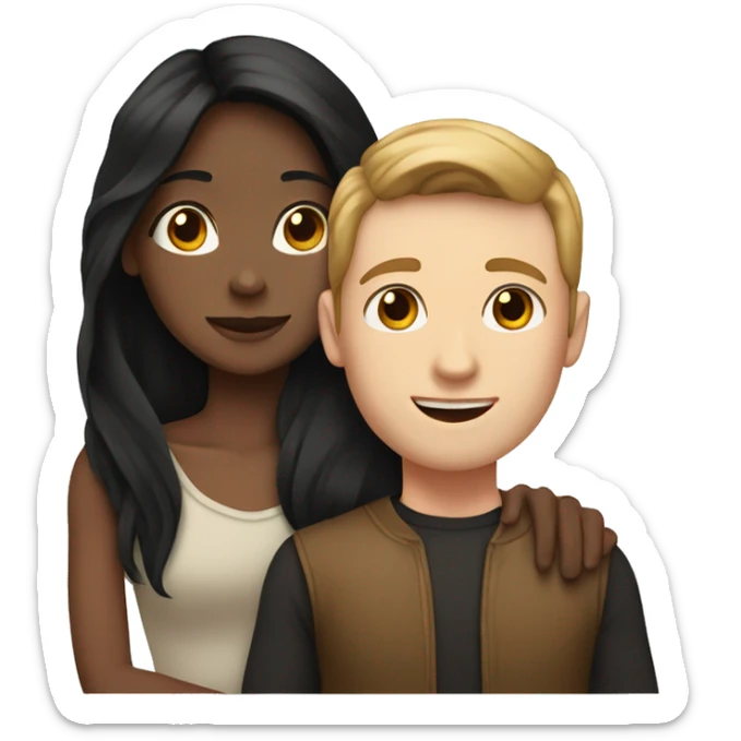 medium skin, Black long hair girl hugging with a pale skin male with brown hair on top sticker