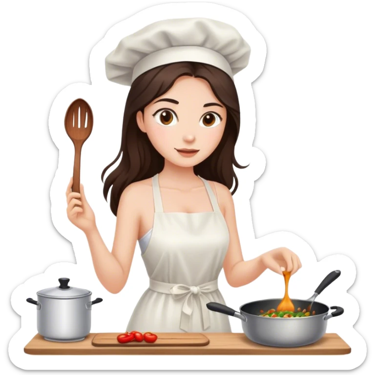 Beautiful woman in 1950’s woman fashion look, white dress, long dark brown hair, cooking sticker