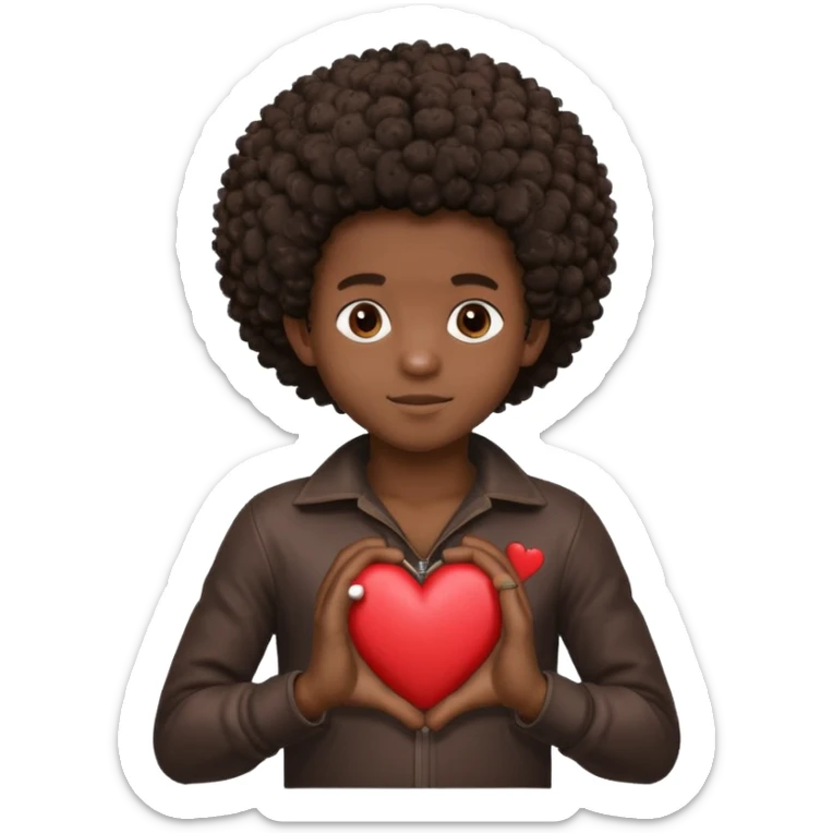 I want a black boy with chocolate skin and a small messy afro holding a heart with the name “Aja” in black close to his chest with his hands over the heart as if to present it to someone he loves. sticker