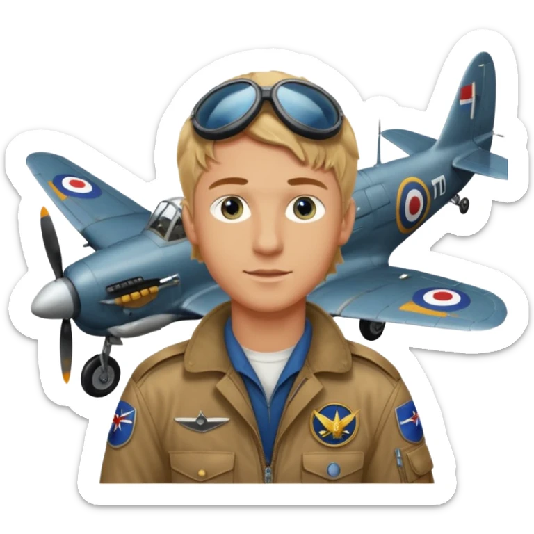 young man with wavy dirty blonde hair and blue eyes. He is a pilot and there is a RAF spitfire plane behind him sticker