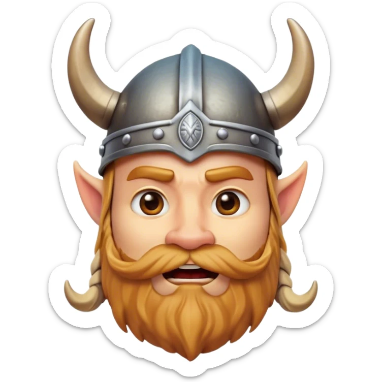 Clash of Clans aesthetic: Cinematic Comical Viking Portrait Emoji, Head tilted dramatically with an exaggerated, fun expression and wide, comically expressive eyes, featuring a rugged yet cartoonish build with a quirky Viking helmet with oversized horns and a playful beard, his face rendered in natural skin tone, Simplified yet hilariously expressive features, highly detailed, glowing with a slightly sassy, vibrant radiance, high shine, dramatic yet playful, stylized with an air of cheeky Nordic mischief, soft glowing outline, capturing the essence of a meme-worthy Viking bringing humor to epic adventures! sticker