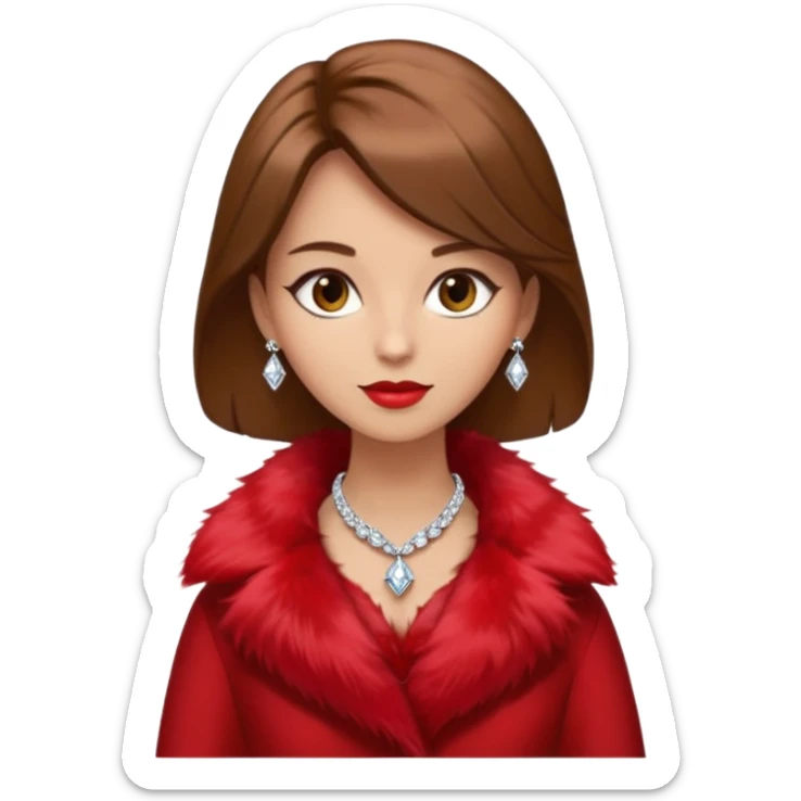 * Character: A stylish lady,brown hair
* ﻿﻿Clothing: A luxurious red fur coat
* ﻿﻿Accessories: A dazzling diamond necklace
* ﻿﻿Expression: Confident, elegant, maybe slightly glamorous
* ﻿﻿Pose: Head slightly tilted or a poised posture
* ﻿﻿Style: Emoji-like, simple but expressive sticker