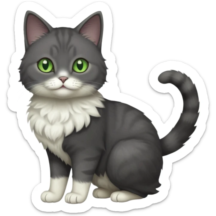 full body view of beautiful female dark grey cat with green eyes, white toes and white chest sticker