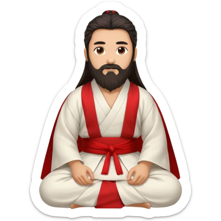 Beautiful man with lightly tan skin and dark long beard, long hair, in white and red Hanfu sitting on the ground sticker
