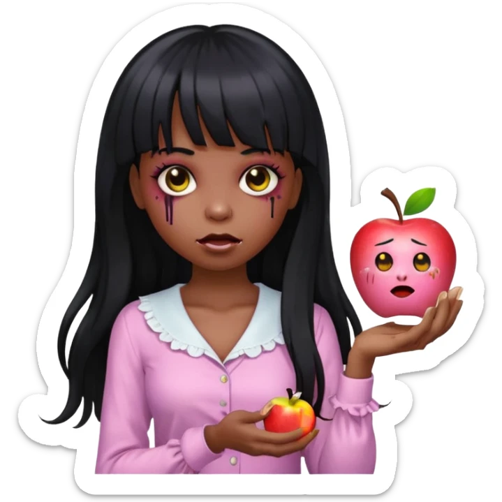 emoji apple light skinned black zombie girl with long black hair and bangs with a light pink blouse  sticker