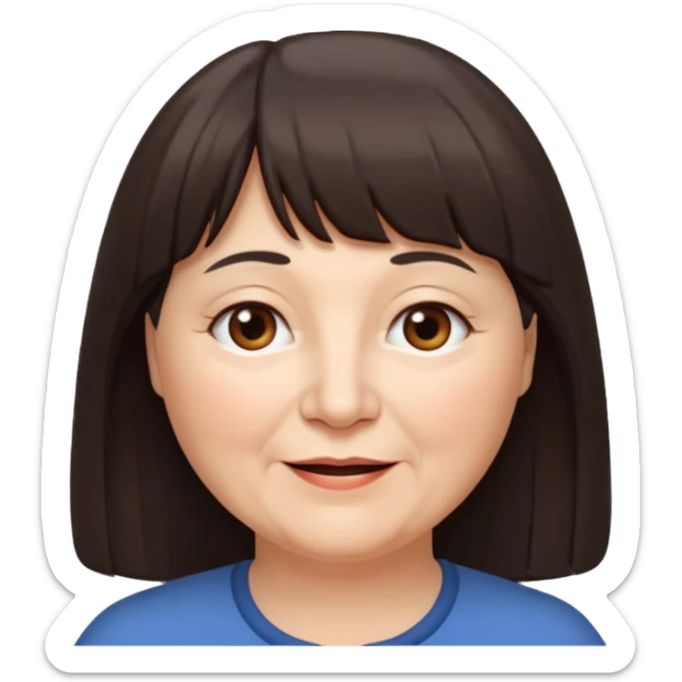 60 yr old woman, long hair to waist, very small brown eyes, long hair, straight dark brown hair, bangs, chubby, long face, very tired but happy sticker