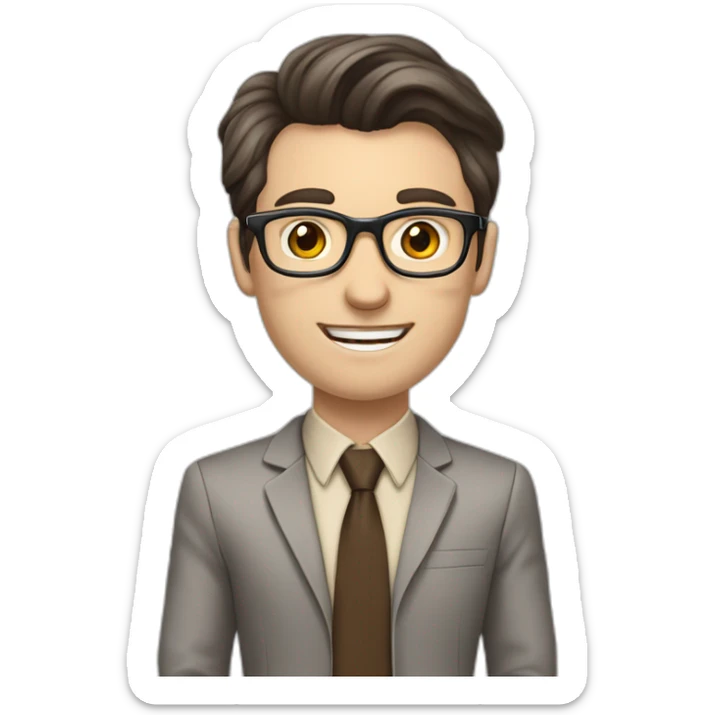 Pale skinned fit man with dark brown hair in gray jacket, beige office shirt, brown tie, brown pants and vintage glasses Writing on the flipchart sticker