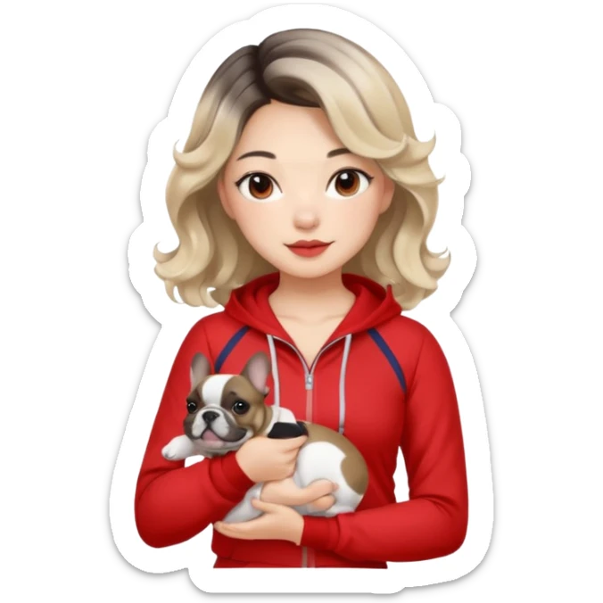 An Asian Lady With Ash Blonde Balayage, Loose Curls, In Red Gym Outfit, Holding A French Bulldog sticker