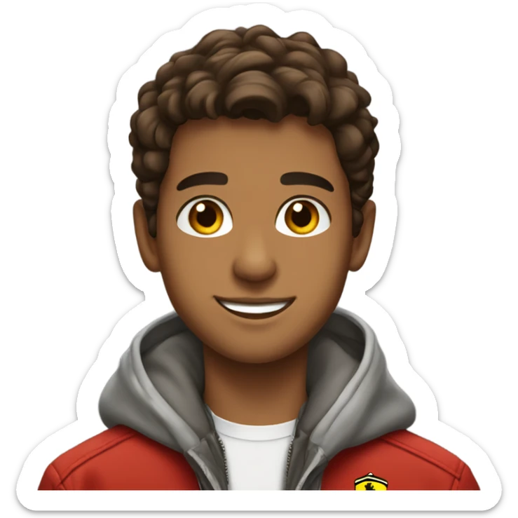 A brown Arab teenage boy smiling brown eyes with a Ferrari jacket sticker