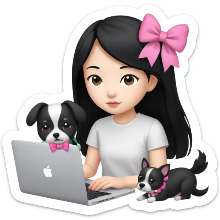 Asian girl long black hair, wearing a white t-shirt, working on an Apple laptop, next to her is a small black and white dog in pink bow sticker