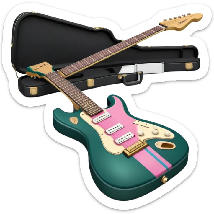 minimalist electric guitar in dark green with pink and blue stripe decal, closed inside a black rectangular hard case with gold latches, flat semi-3D style, soft matte textures, simplified details, stylized decal accent, compact artistic look sticker