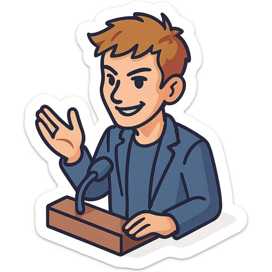 Lively and clever male debater, fair skin, short messy light brown hair, sharp eyes with a mischievous smile, wearing indigo blazer over a casual t-shirt, one hand raised mid-gesture, waist-up sticker