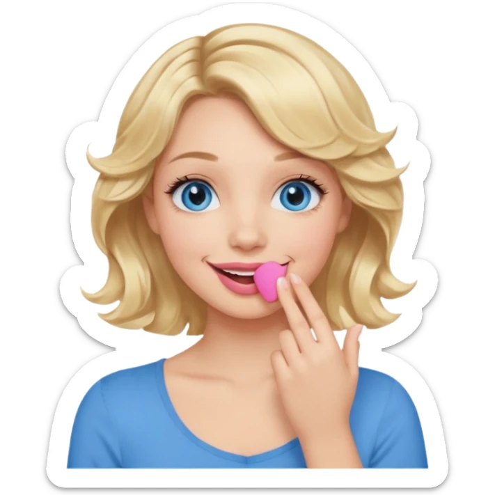 Girl Blonde short wavy hair,  blue eyes, cute blue top, long lashes, pink lips, smiling, hand covering the mouth sticker