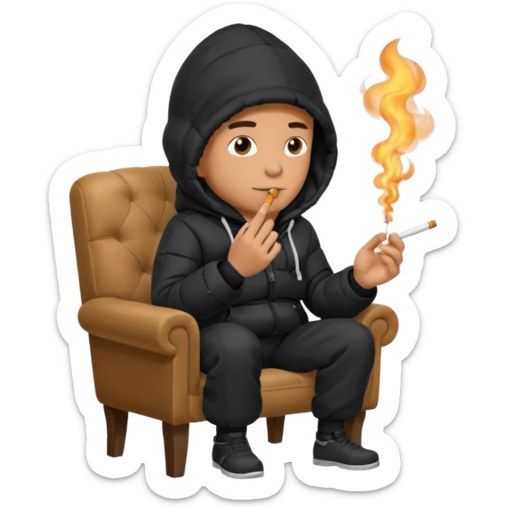 A man sitting on a chair, wearing a black puffed coat with hood, hands in his pocket, smoking a cigaret, he is on a chair i sticker