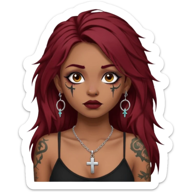 generate an ios genmoji of a dusky girl with long dark red messy hair with eyeliner on her eyes. septum piercing, wearing a cami black top, has tattoos, on shoulders. ear piercings. wearing a cross silver necklace. 


no tattoos on face sticker