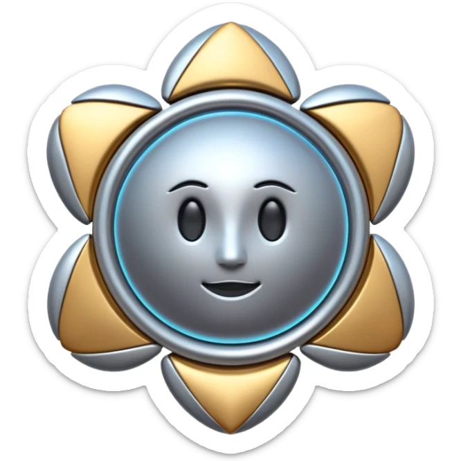 abstract amulet emoji, liquid metal form, symmetrical design, mystical futuristic 3D icon, isolated on white sticker