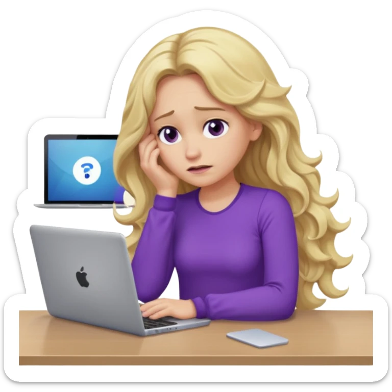 lady with long blonde wavy hair, purple top, one elbow one desk hand on face with a laptop looking defeated sticker