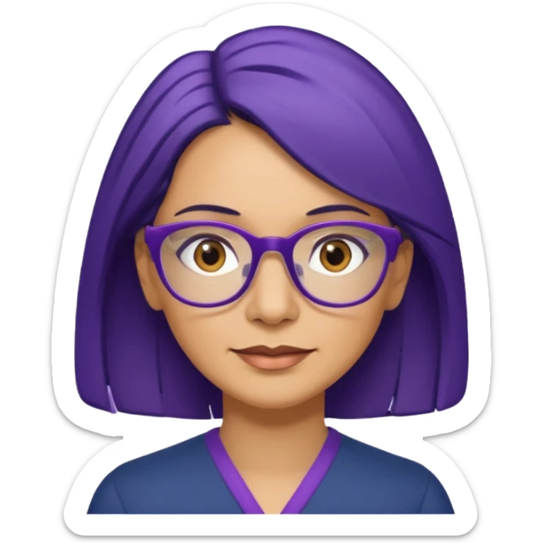 51-year-old woman. Navy blue shoulder-length hair. Purple wire-rimmed glasses. Brown eyes. sticker