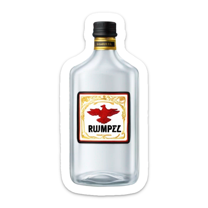 clear bottle of rumpleminze clear alcohol with a label that black with red border and font that has a small gold eagle on the label that says “RUMPZ” sticker