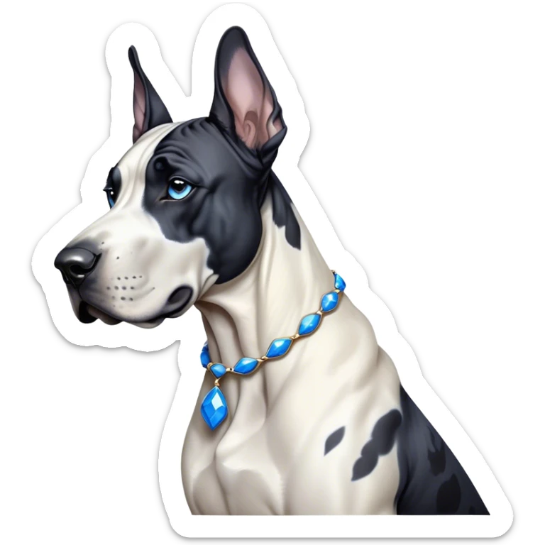 Cinematic Noble Harlequin Great Dane Portrait Emoji, Poised and regal, with a towering, muscular build and a striking coat of predominantly white with bold black patches, deep-set soulful blue eyes, Simplified yet sharp and sophisticated features, highly detailed, glowing with a soft, dignified glow, high shine, intelligent and loyal, stylized with an air of majesty, focused and attentive, soft glowing outline, capturing the essence of a watchful and confident guardian, so majestic it feels as though it could stride out of the screen with effortless authority! sticker