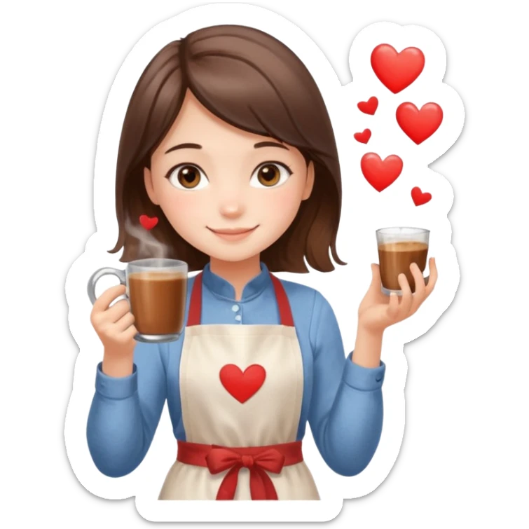 Cute daughter asking her mom for coffee, holding a steaming glass mug of Nescafe, shy smile, cozy kitchen scene, soft watercolor style, floating hearts, high resolution, sticker style sticker