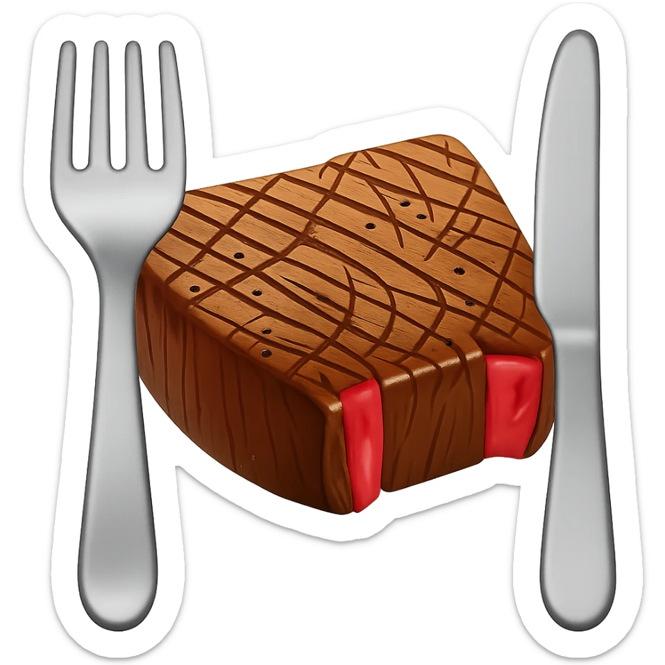 Add a fork and knife next to the steak in the style of an apple emoji. Keep the apple emoji style and no background. sticker