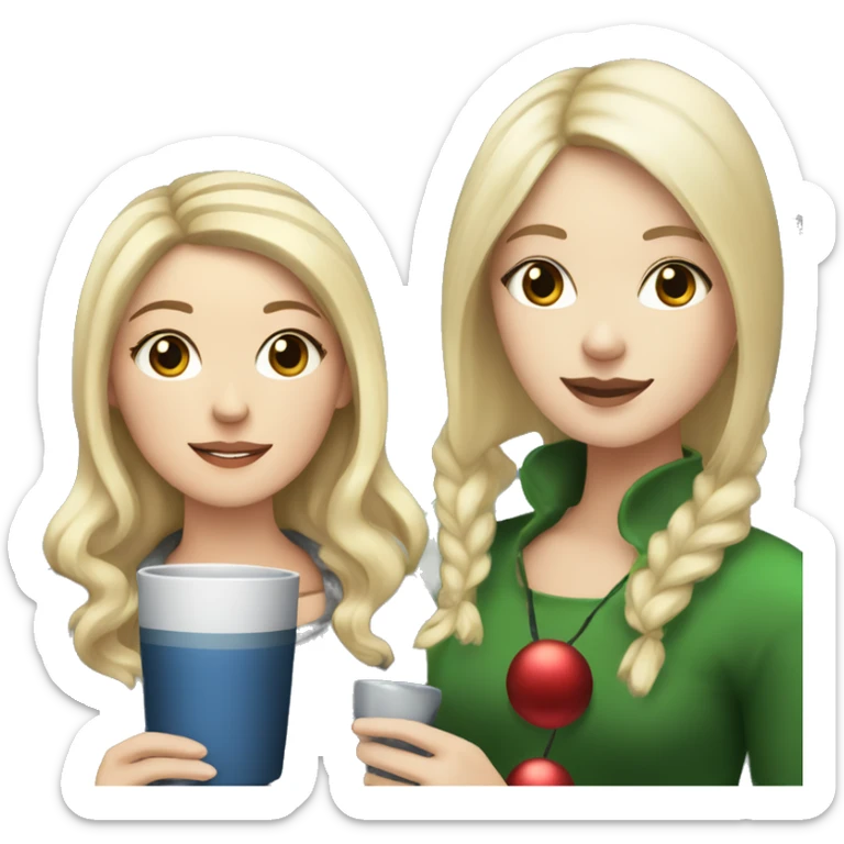 White girl with blonde haired and Asian girl with black hair, drinking tea at Christmas time sticker