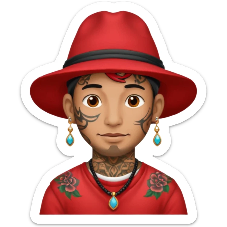 unique looking tourist with big unique red tourist hat and earrings, man with lots of tattoes sticker