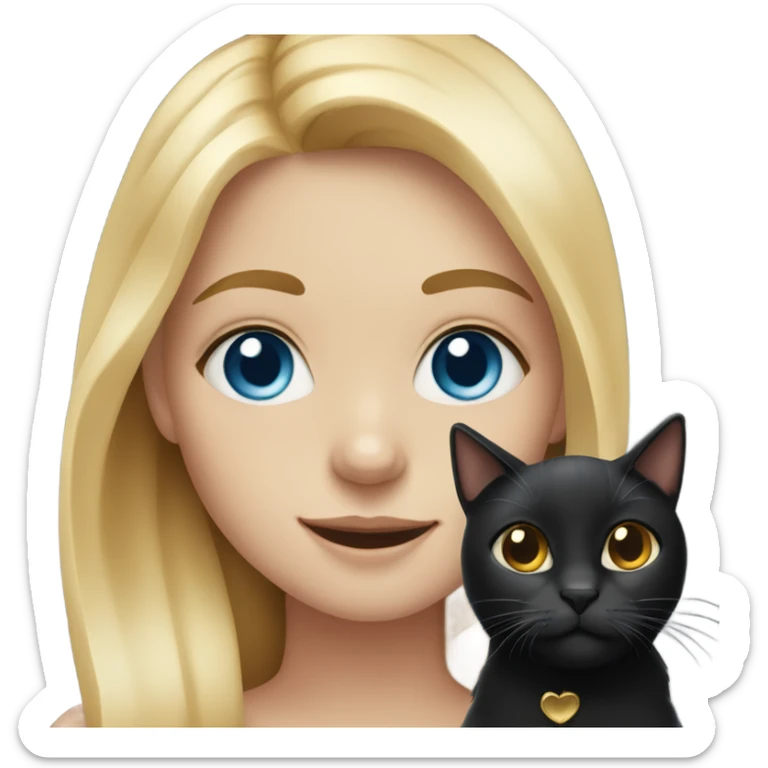blonde girl with blue eyes and freckles smiling and holding a black cat with golden eyes sticker