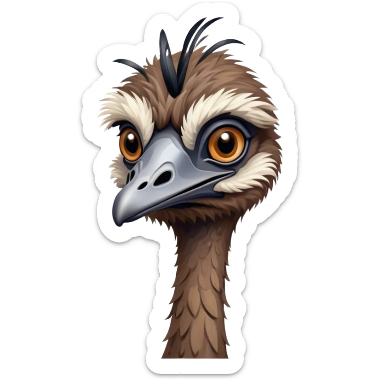 Cinematic Noble Emu Portrait Emoji, Poised and regal, with a tall, slender build and a shaggy, well-groomed fur of earthy brown feathers, a long elegant neck and deep-set soulful eyes, Simplified yet sharp and sophisticated features, highly detailed, glowing with a soft, dignified glow, high shine, intelligent and stately, stylized with an air of outback majesty, focused and attentive, soft glowing outline, capturing the essence of a watchful and confident bird, so majestic it feels as though it could stride out of the screen with effortless authority! sticker