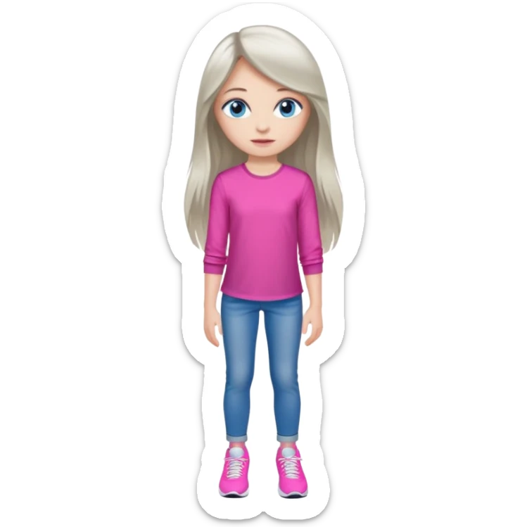 beautiful girl with long fair hair, blue eyes, in a vivid pink blouse, grey jeans and white trainers sticker